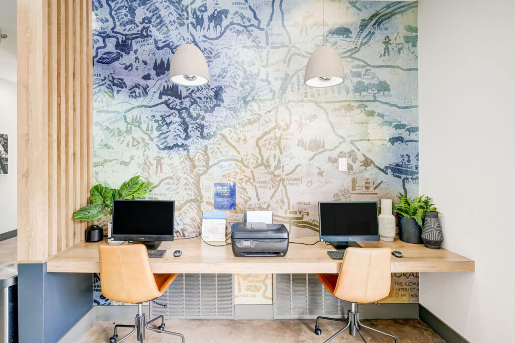 Club house business center with 2 desktops and printer