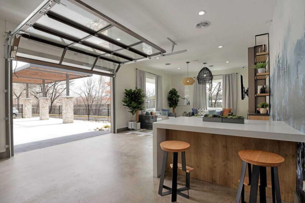 Clubhouse lounge with garage style overhead door that opens to the outside
