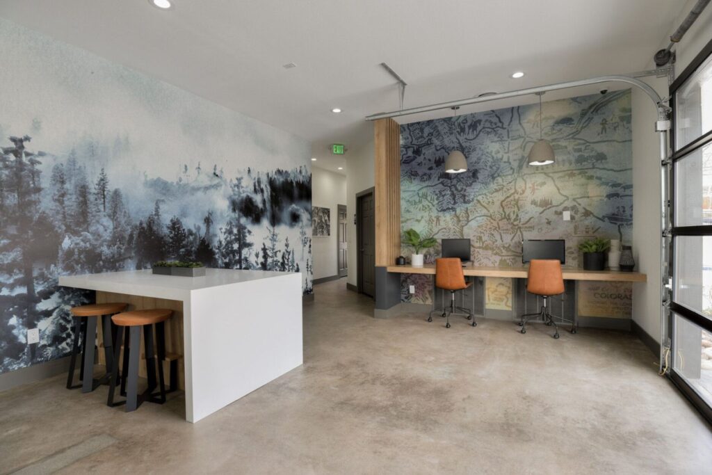 Clubhouse business center with computer stations and printer