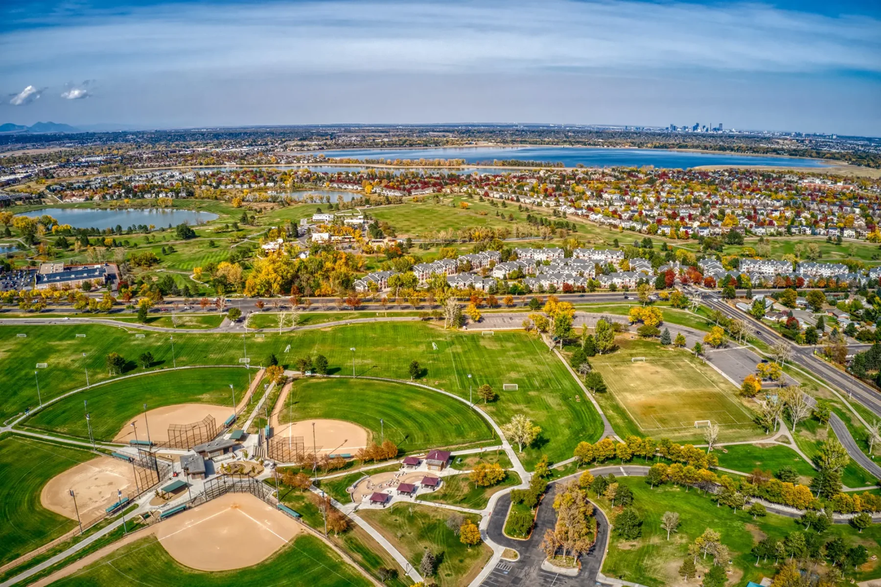 Aerial view of Englewood Colorado, lots of suburban neighborhoods, parks, ponds, etc.